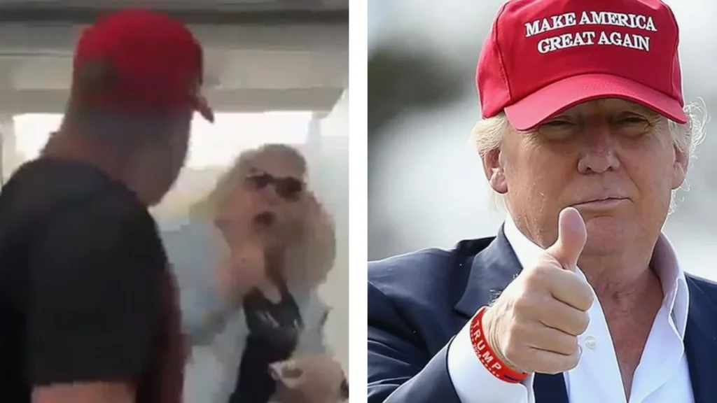 Boomer woman mental breakdown plane against man MAGA hat Video