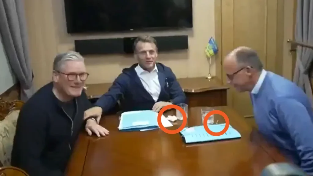 Macron Starmer Merz cocaine party Ukraine train